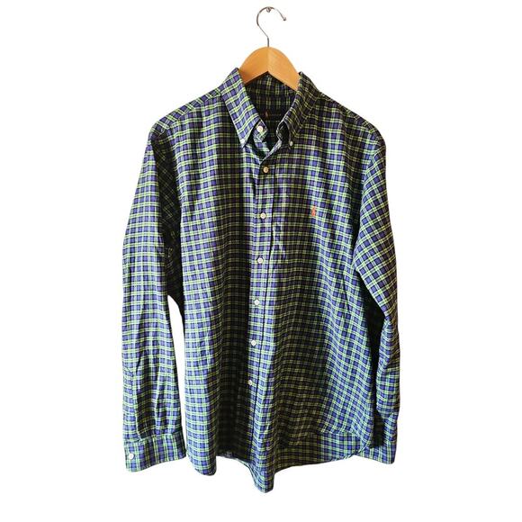 Ralph Lauren Shirt L Men's Blue Green Plaid Button down collar Orange Polo Logo